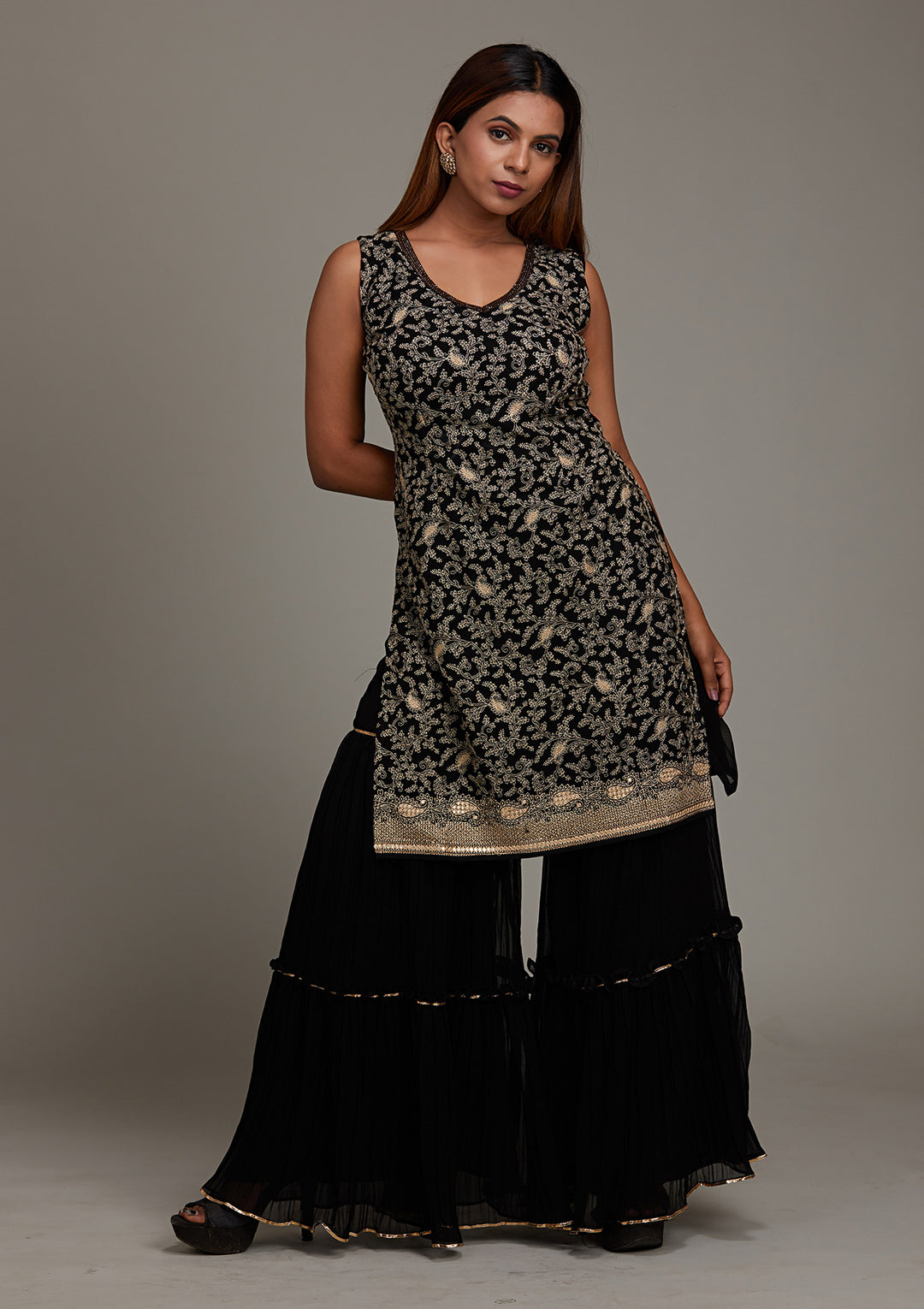 Black Threadwork Georgette Salwar Suit-Koskii