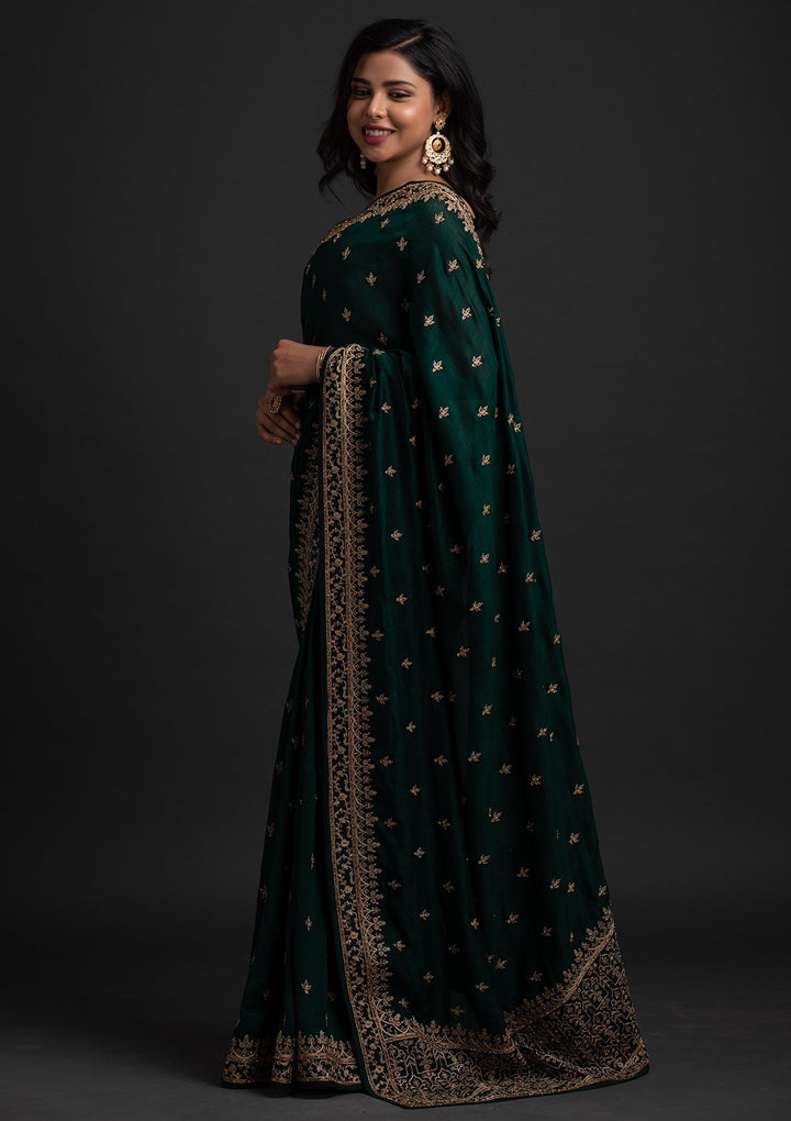 Bottle Green Zariwork Raw Silk Designer Saree - koskii