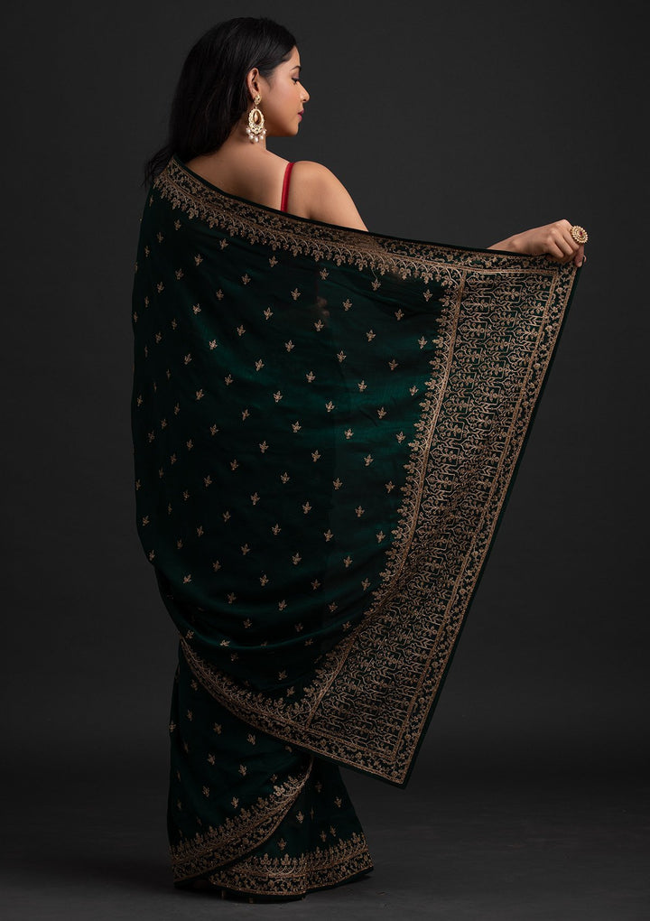 Bottle Green Zariwork Raw Silk Designer Saree - koskii