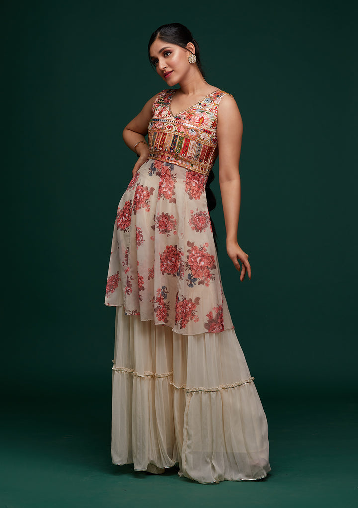 Cream Threadwork Georgette Designer Salwar Suit - Koskii