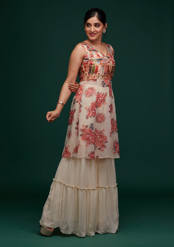 Cream Threadwork Georgette Designer Salwar Suit - Koskii