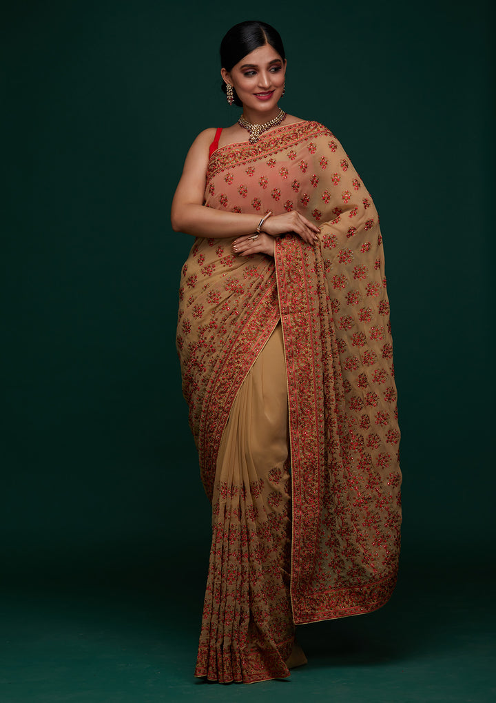 Gold Threadwork Georgette Designer Saree - Koskii