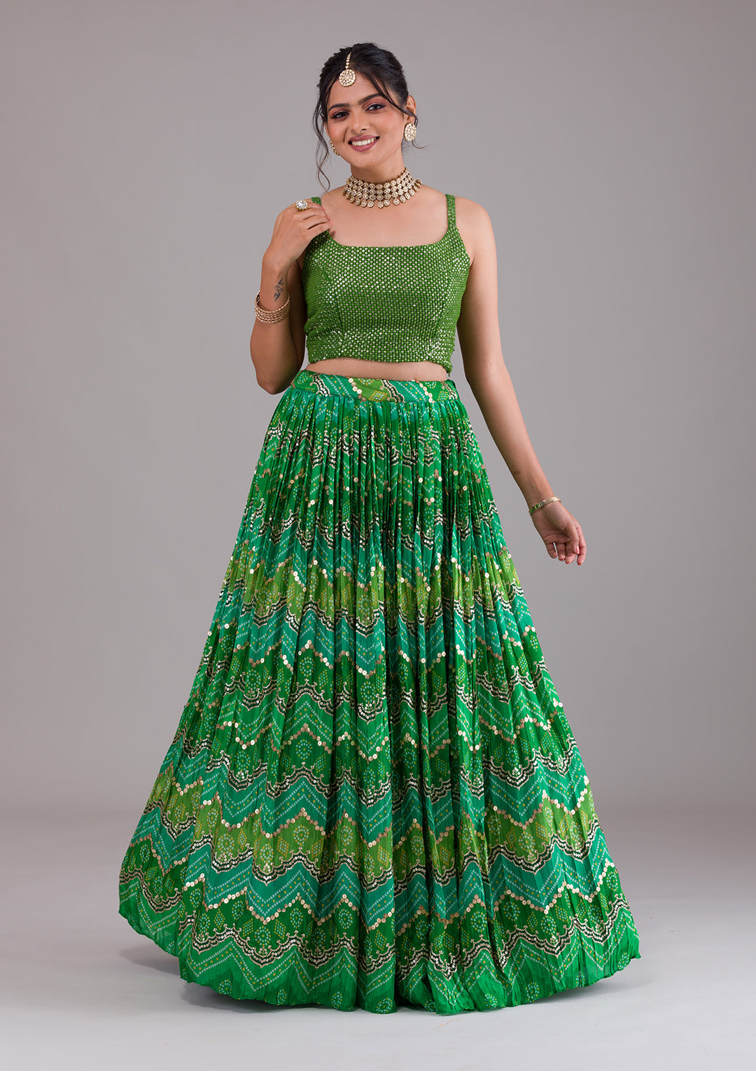 Leaf Green Sequins Georgette Lehenga-Koskii