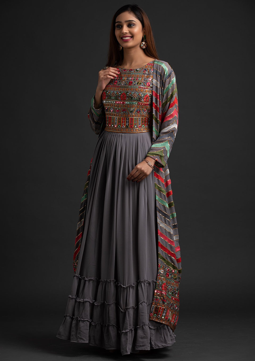 Light Grey Chikankari Georgette Designer Gown - koskii