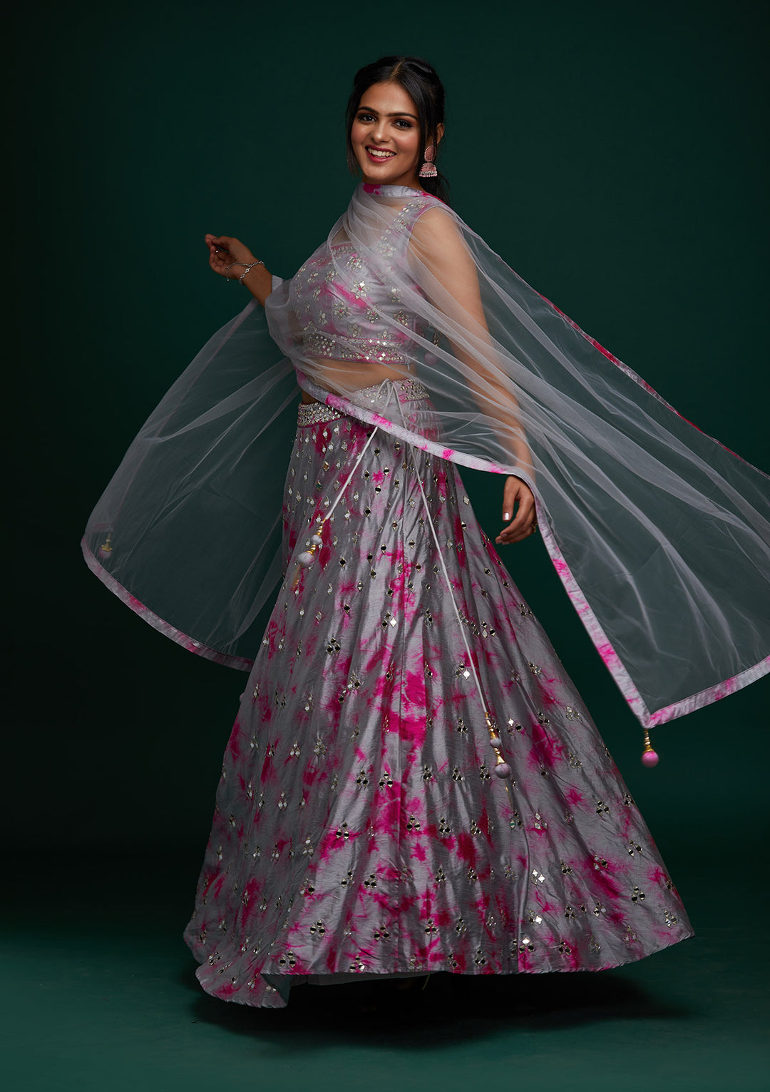 Light Grey Mirrorwork Art Silk Designer Lehenga - Koskii