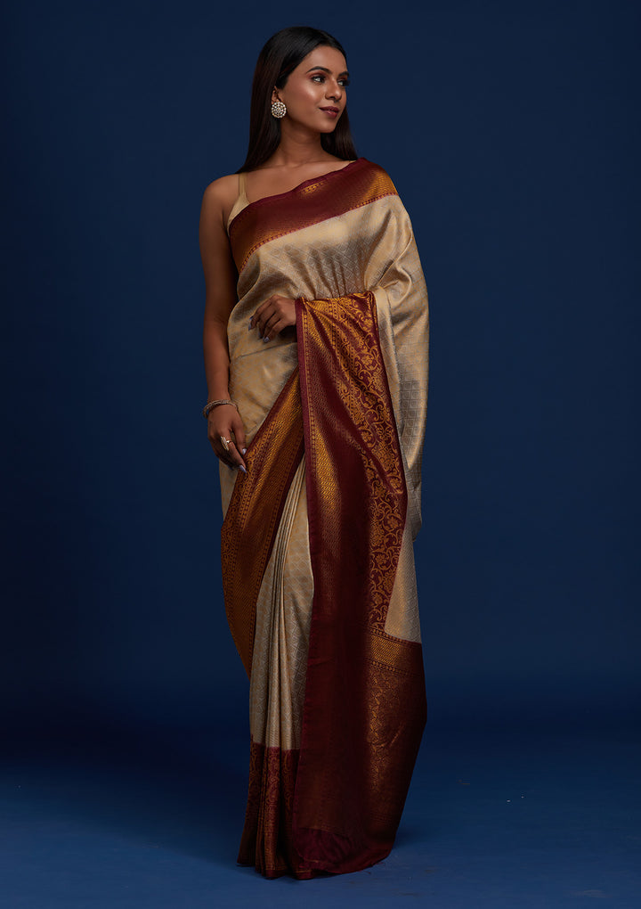 Light Grey Zariwork Art Silk Designer Saree - Koskii
