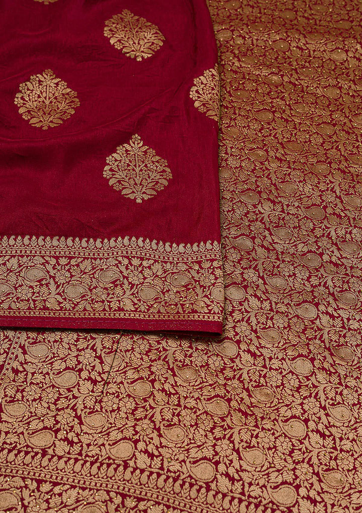 Maroon Zari Work Banarasi Saree-Koskii