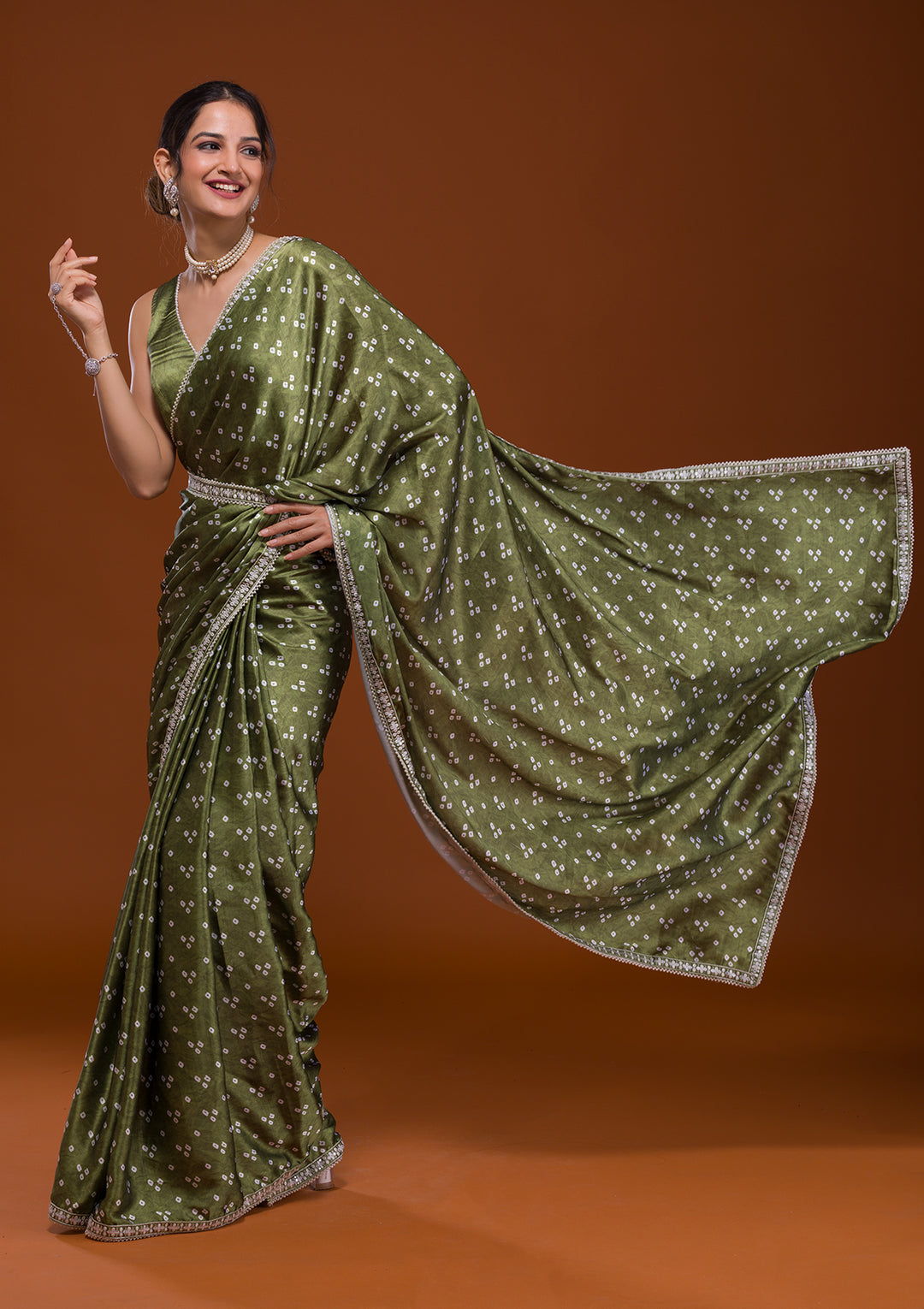 Mehendi Bandhani Satin Saree-Koskii