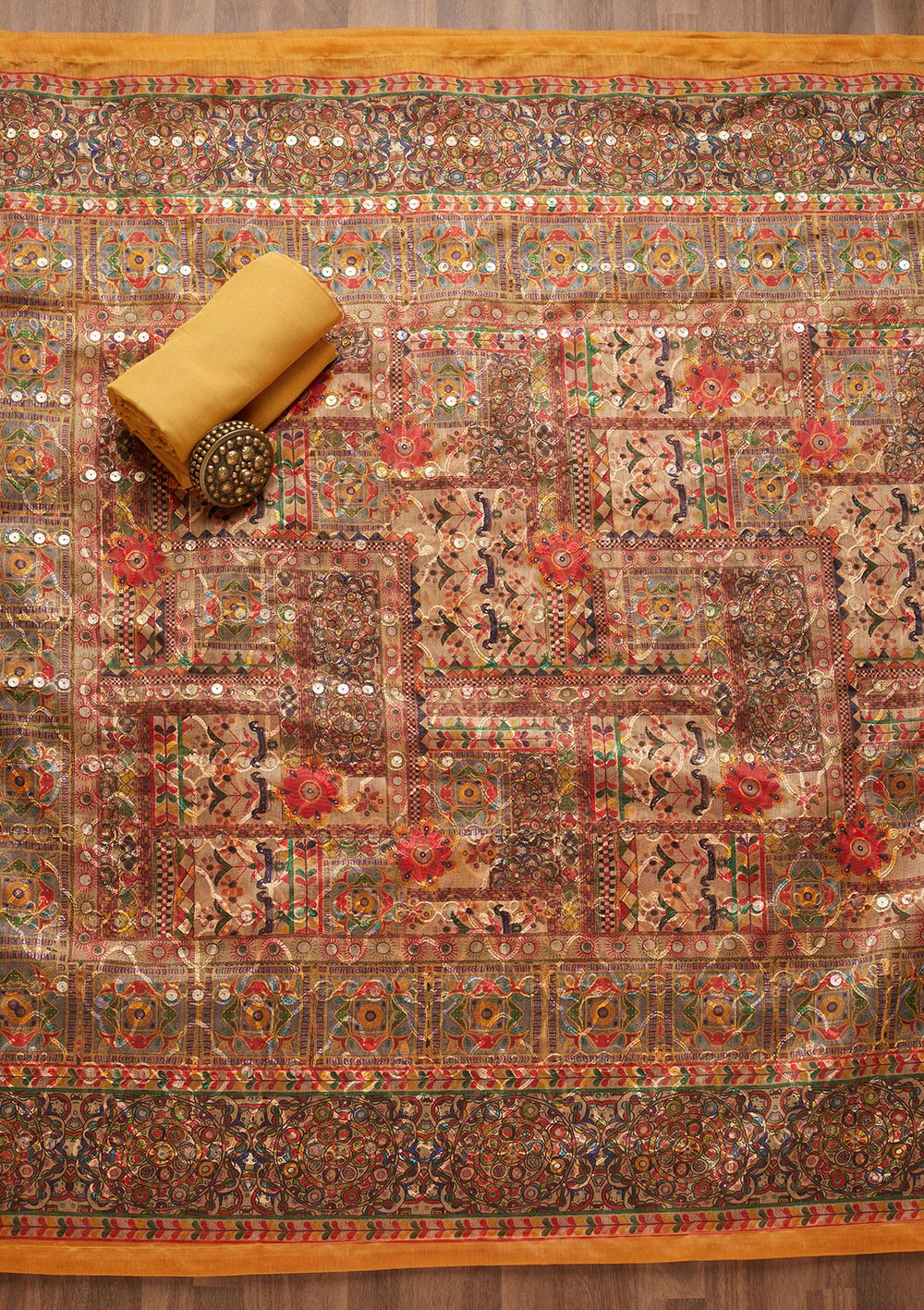 Mustard Sequins Chanderi Unstitched Salwar Suit - Koskii