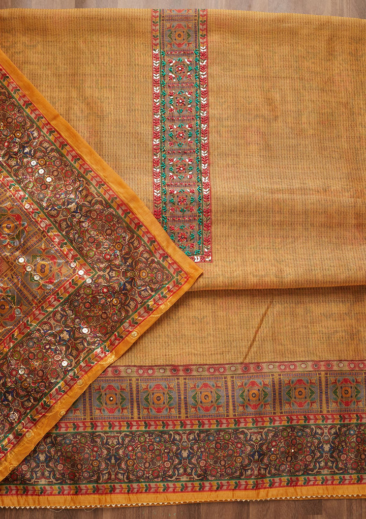 Mustard Sequins Chanderi Unstitched Salwar Suit - Koskii