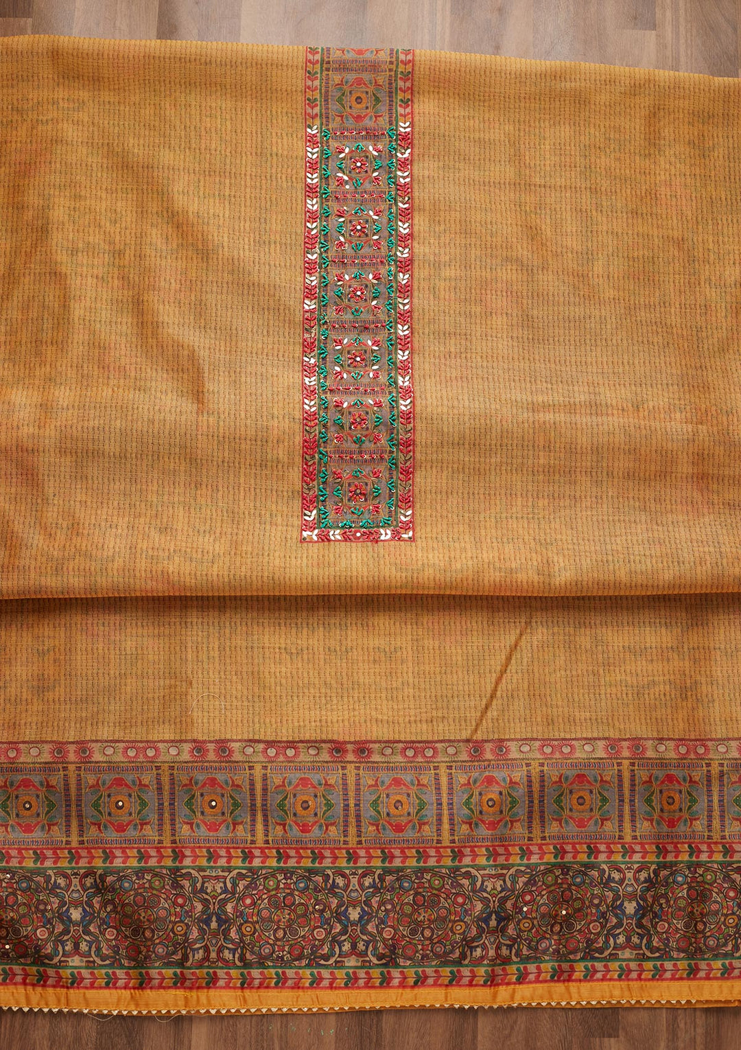 Mustard Sequins Chanderi Unstitched Salwar Suit - Koskii