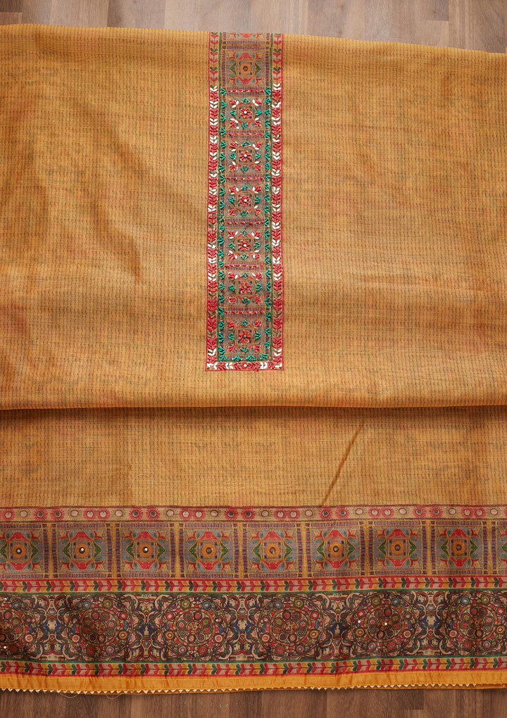 Mustard Sequins Chanderi Unstitched Salwar Suit - Koskii