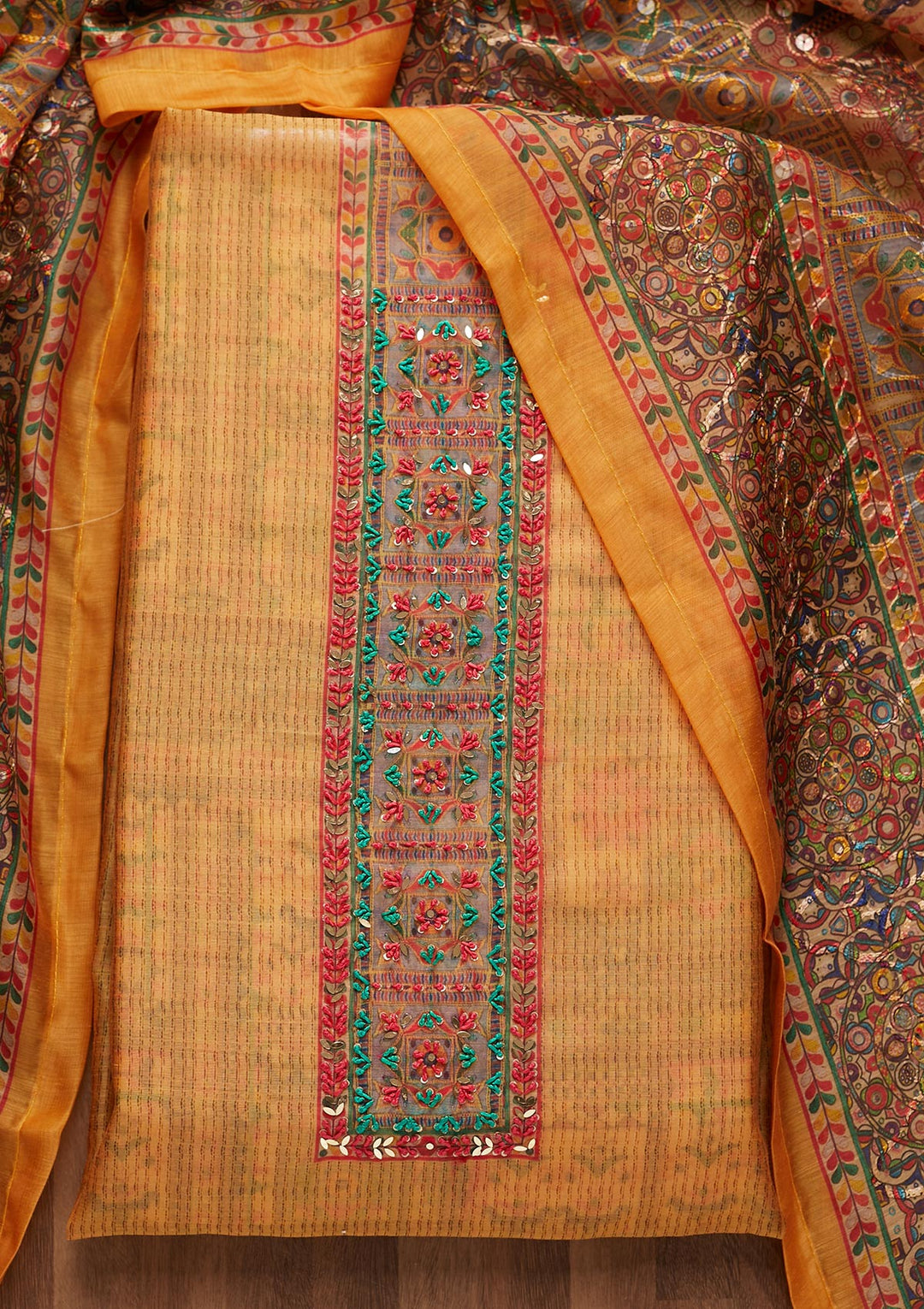 Mustard Sequins Chanderi Unstitched Salwar Suit - Koskii