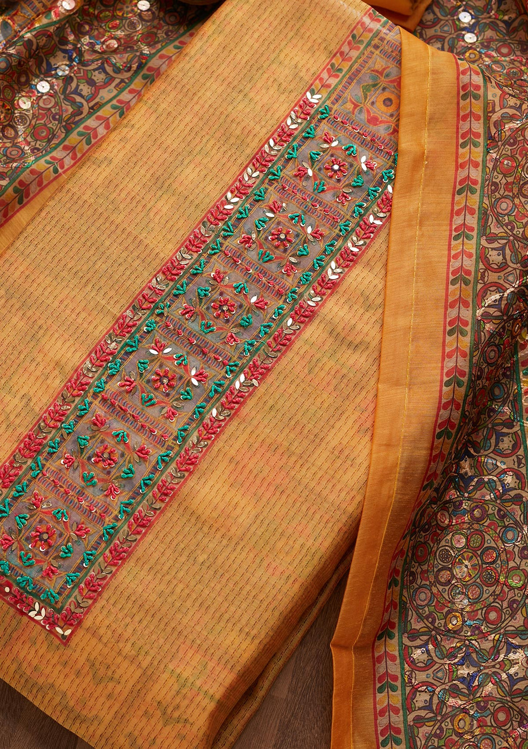 Mustard Sequins Chanderi Unstitched Salwar Suit - Koskii