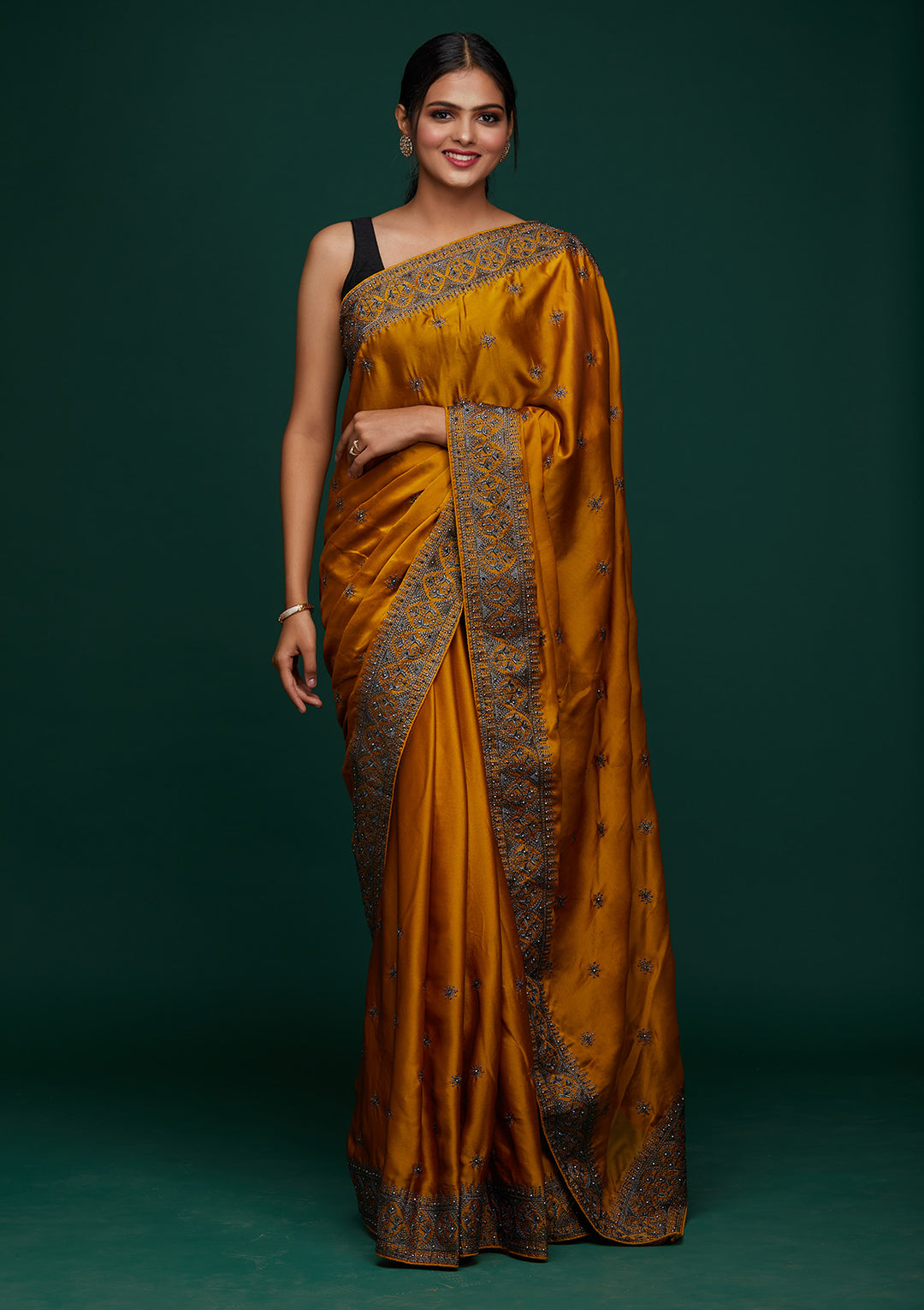 Mustard Swarovski Satin Designer Saree-Koskii