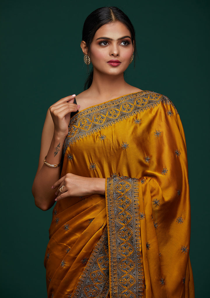 Mustard Swarovski Satin Designer Saree-Koskii