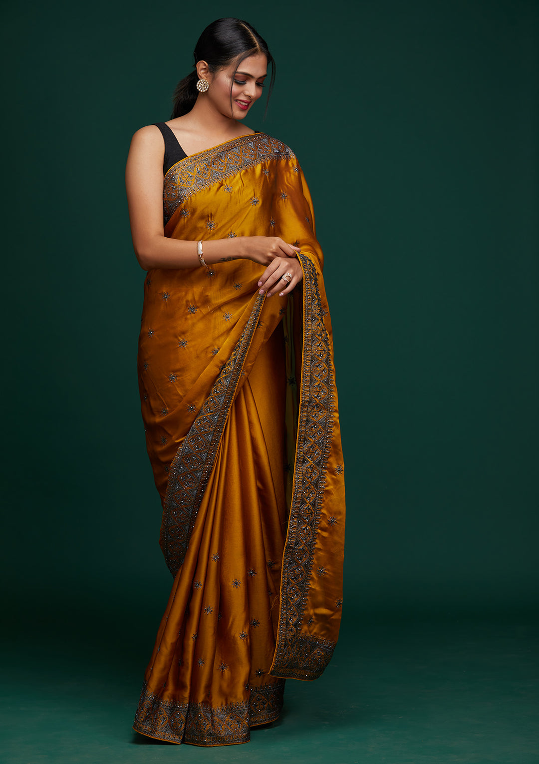 Mustard Swarovski Satin Designer Saree-Koskii