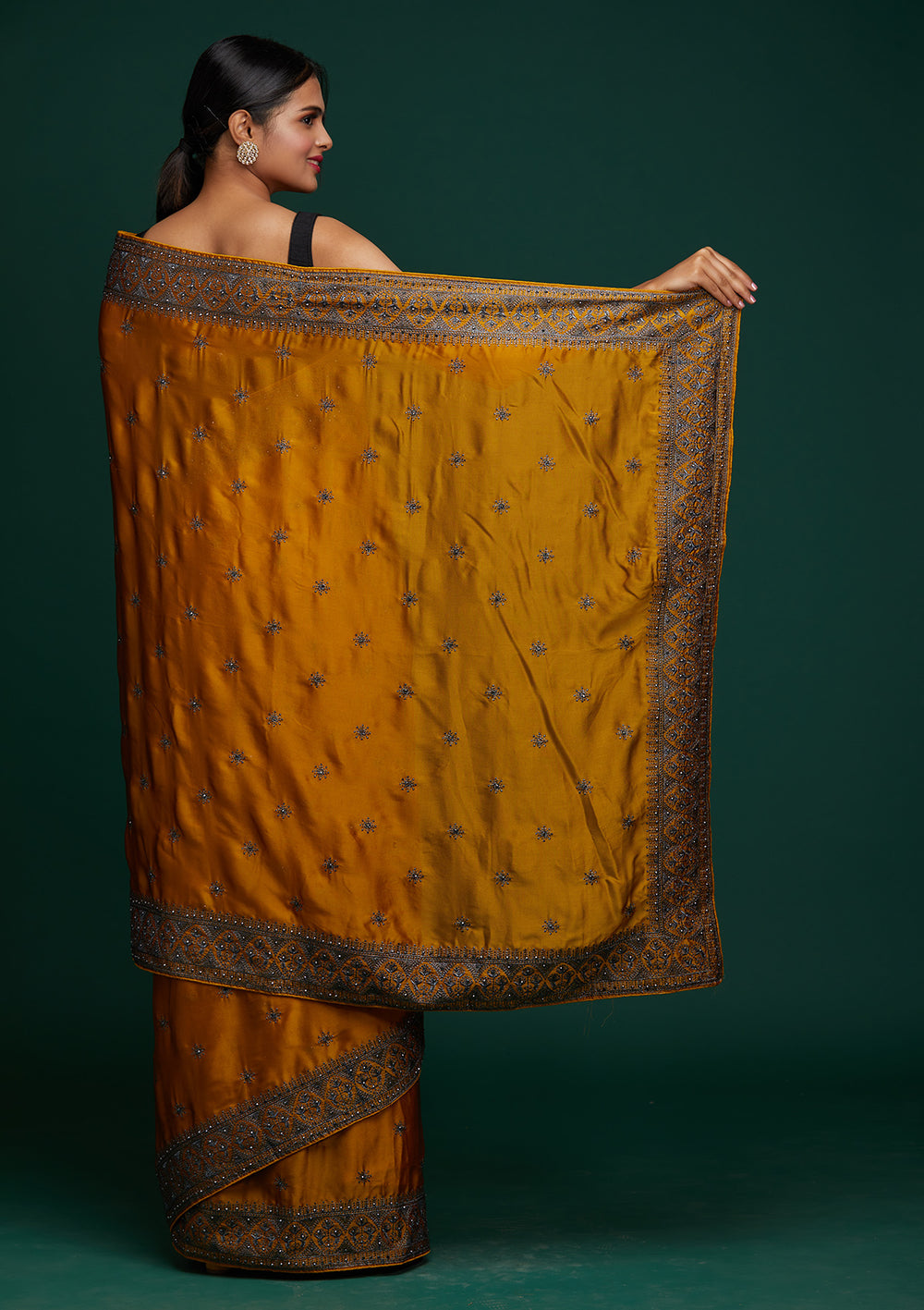 Mustard Swarovski Satin Designer Saree-Koskii