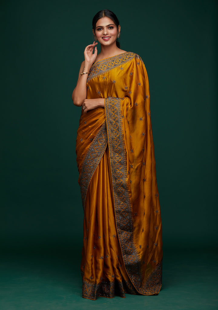 Mustard Swarovski Satin Designer Saree-Koskii