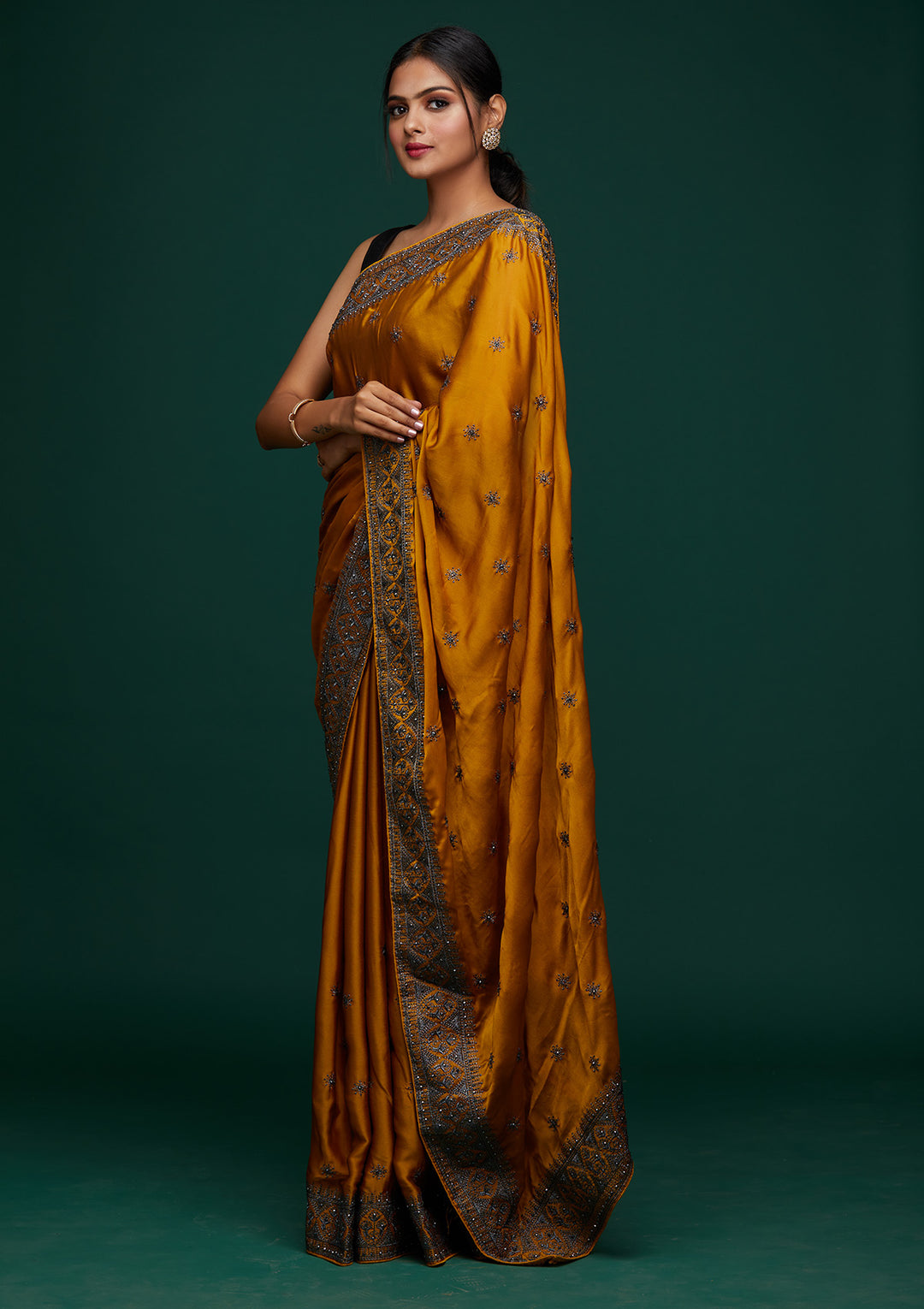 Mustard Swarovski Satin Designer Saree-Koskii