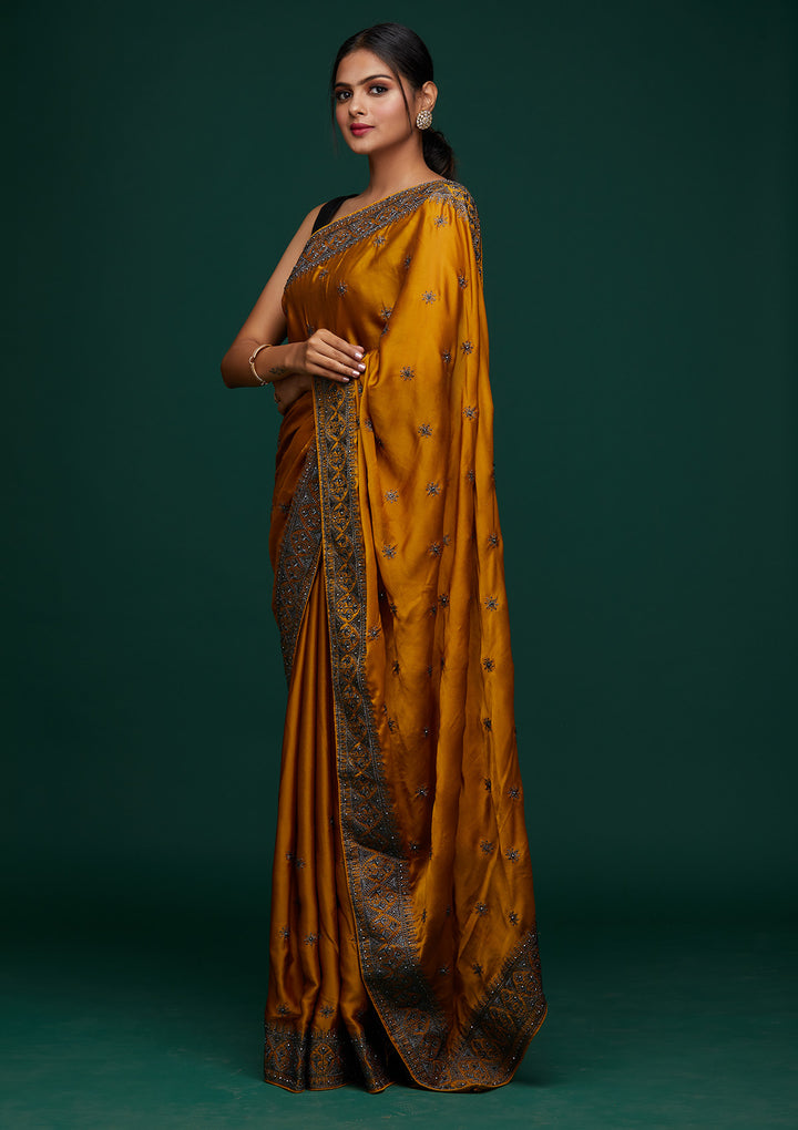 Mustard Swarovski Satin Designer Saree-Koskii