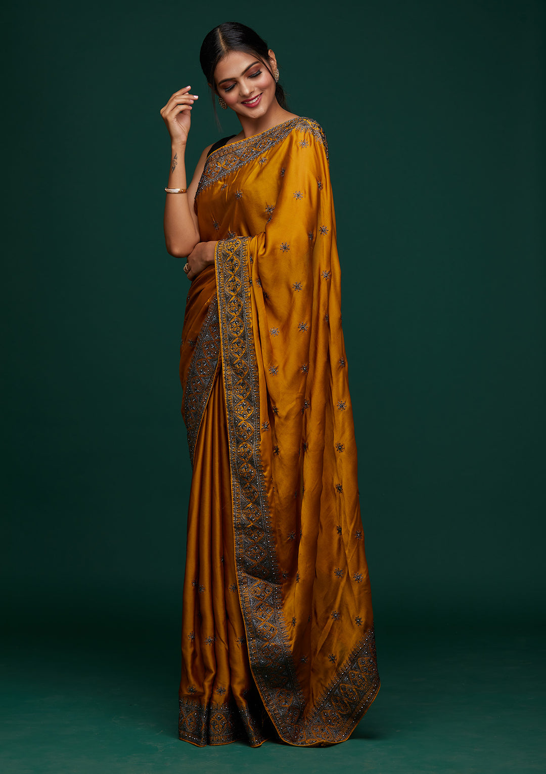 Mustard Swarovski Satin Designer Saree-Koskii