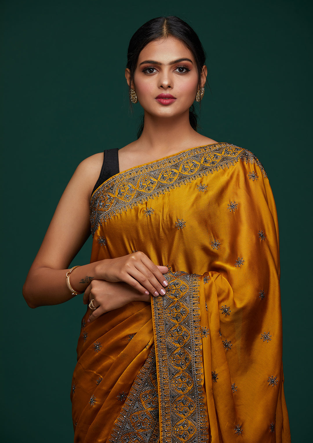 Mustard Swarovski Satin Designer Saree-Koskii