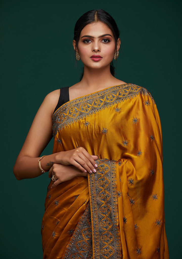 Mustard Swarovski Satin Designer Saree-Koskii