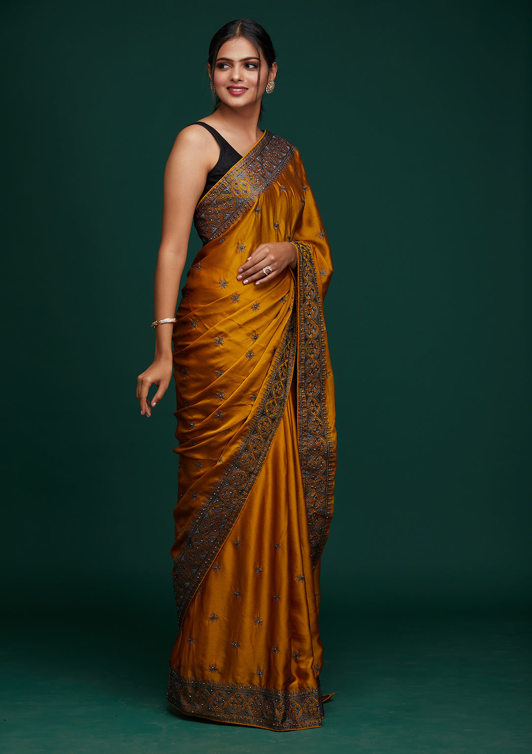 Mustard Swarovski Satin Designer Saree-Koskii