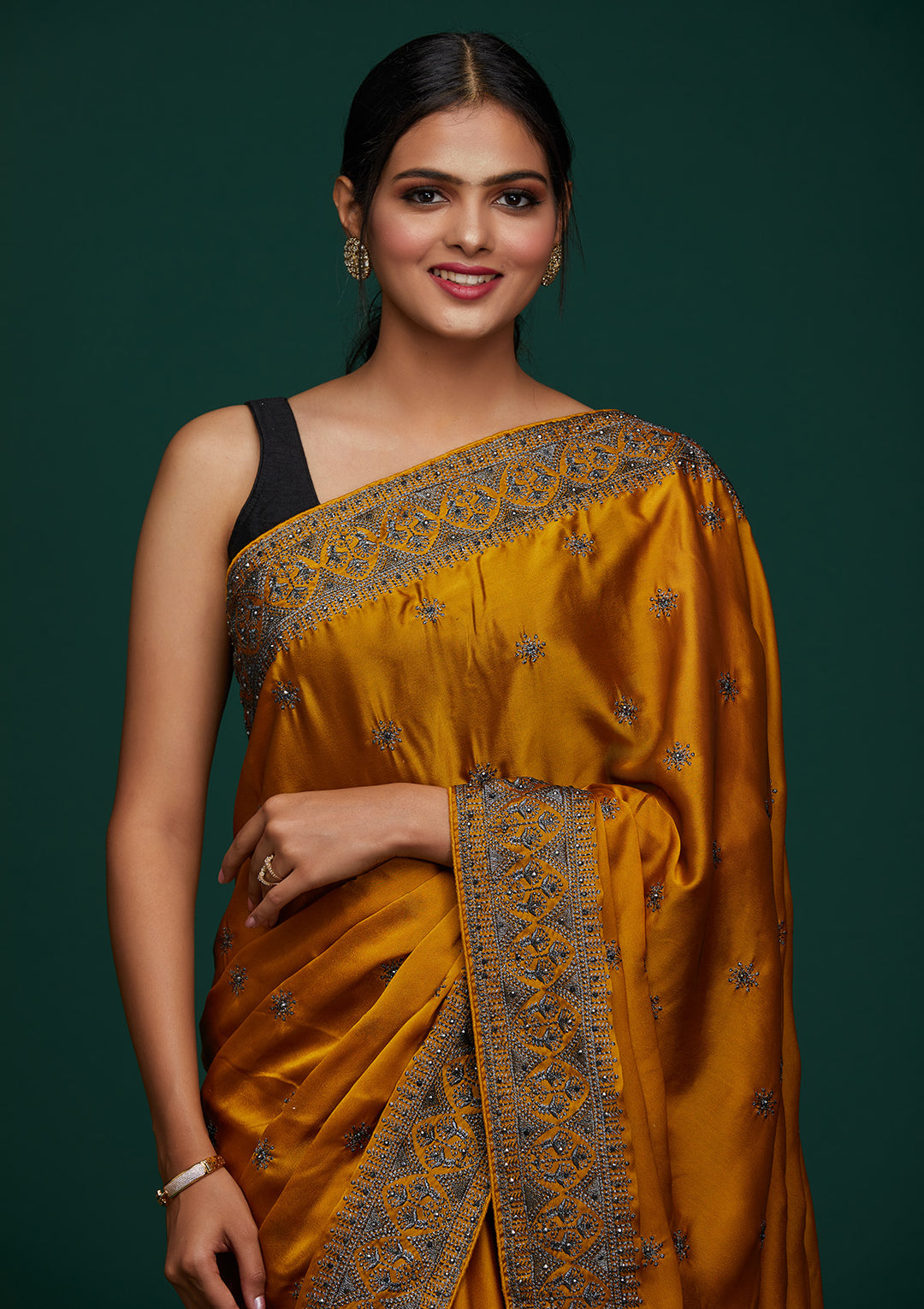 Mustard Swarovski Satin Designer Saree-Koskii