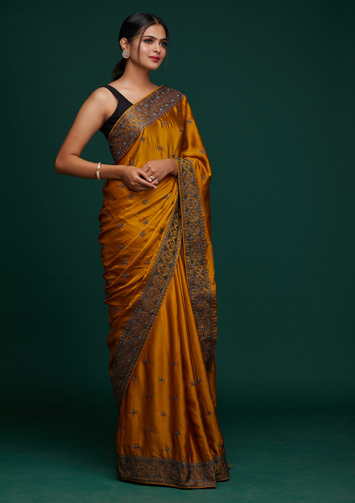 Mustard Swarovski Satin Designer Saree-Koskii