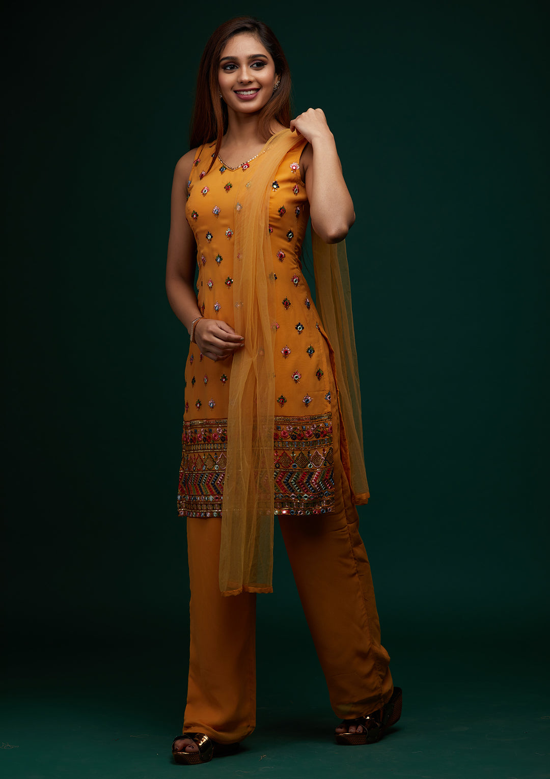 Mustard Threadwork Georgette Designer Salwar Suit - Koskii