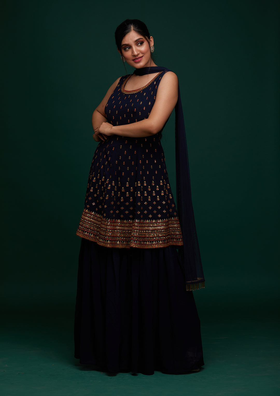 Navy Blue Swarovski Georgette Designer Salwar Suit - Koskii