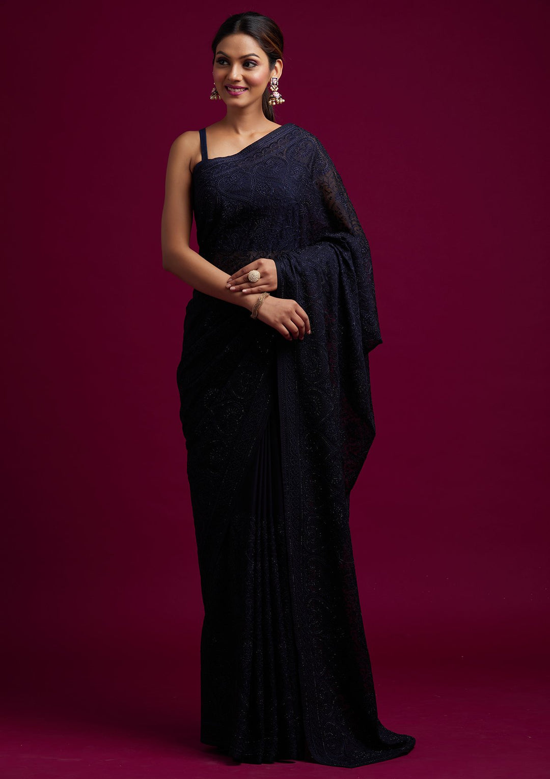 Navy Blue Swarovski Georgette Designer Saree - koskii