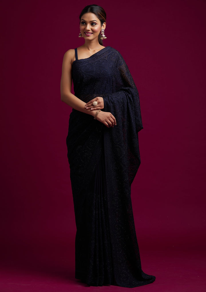 Navy Blue Swarovski Georgette Designer Saree - koskii