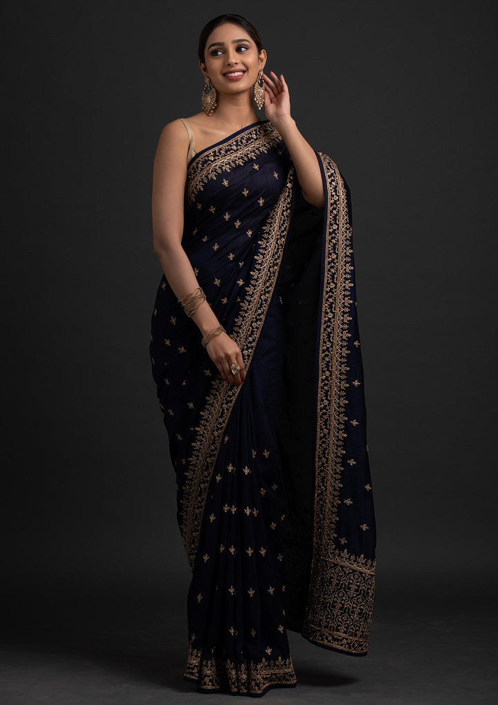 Navy Blue Zariwork Raw Silk Designer Saree - koskii