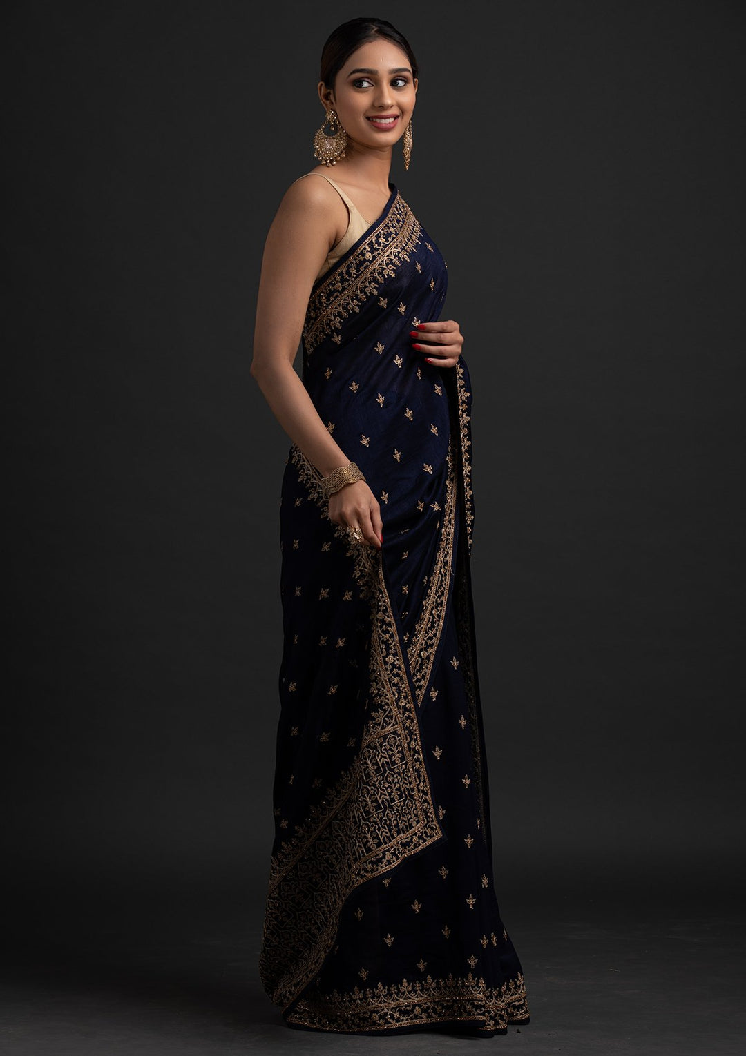 Navy Blue Zariwork Raw Silk Designer Saree - koskii