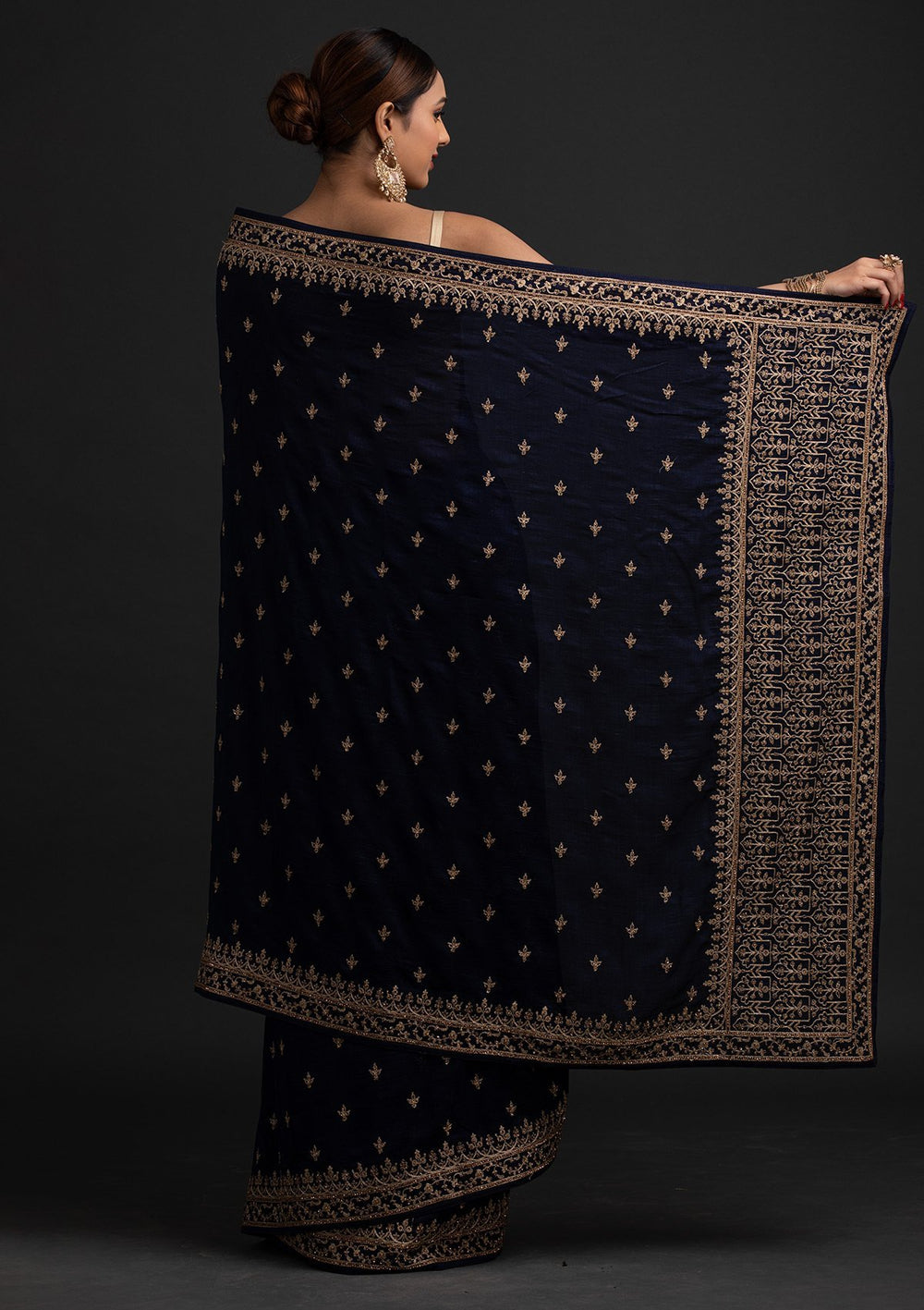 Navy Blue Zariwork Raw Silk Designer Saree - koskii