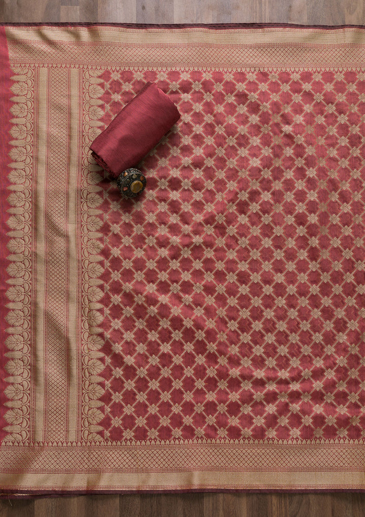 Onion Pink Zariwork Banarasi Unstitched Salwar Suit-Koskii
