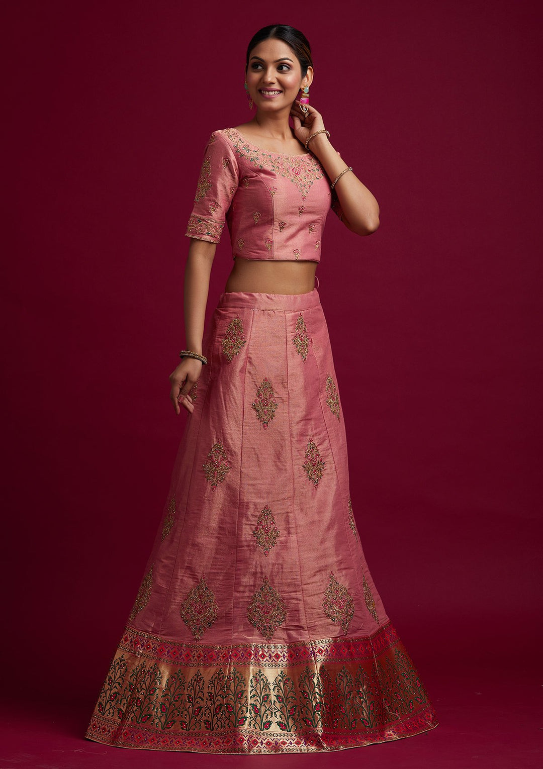 Onion Pink Zariwork Shimmer Designer Semi-Stitched Lehenga - koskii