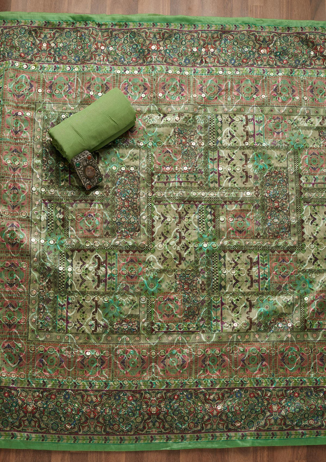 Parrot Green Sequins Chanderi Unstitched Salwar Suit - Koskii