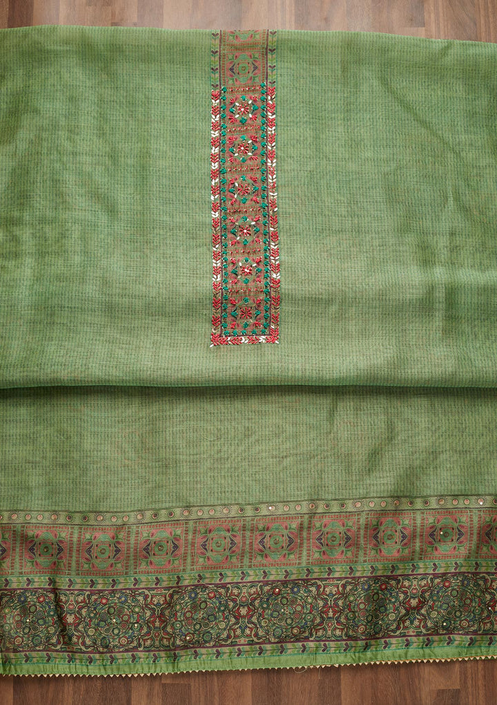 Parrot Green Sequins Chanderi Unstitched Salwar Suit - Koskii