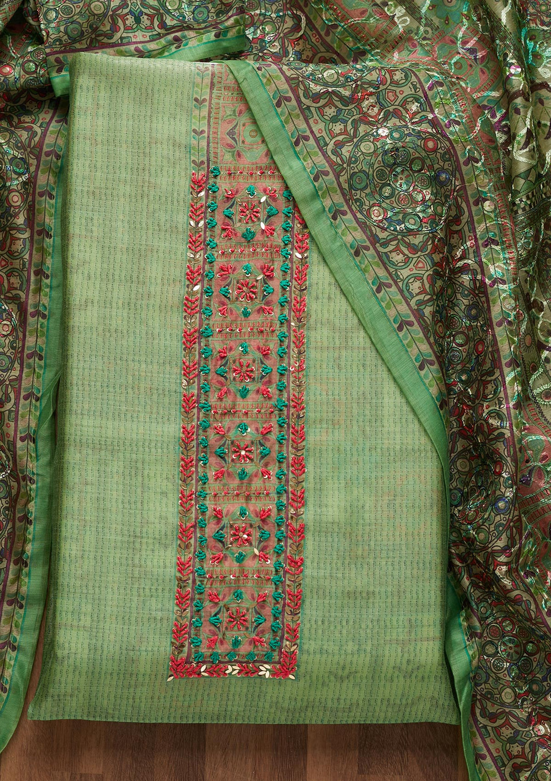 Parrot Green Sequins Chanderi Unstitched Salwar Suit - Koskii