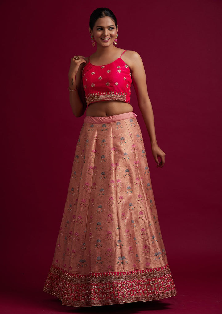Peach Stonework Banarasi Designer Semi-Stitched Lehenga - koskii