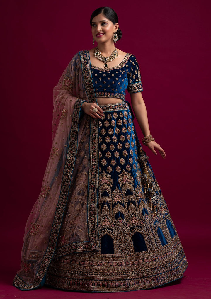 Peacock Blue Stonework Velvet Designer Semi-Stitched Lehenga - koskii