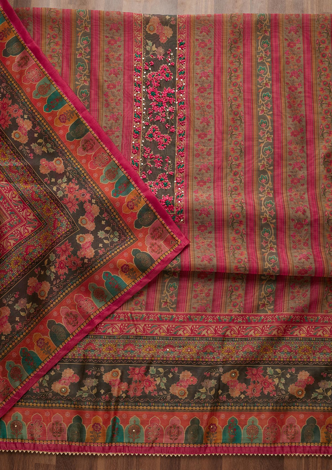 Pink Threadwork Chanderi Unstitched Salwar Suit - Koskii