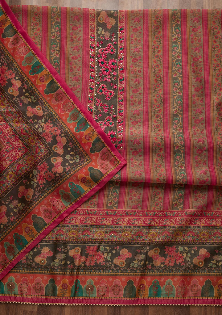 Pink Threadwork Chanderi Unstitched Salwar Suit - Koskii