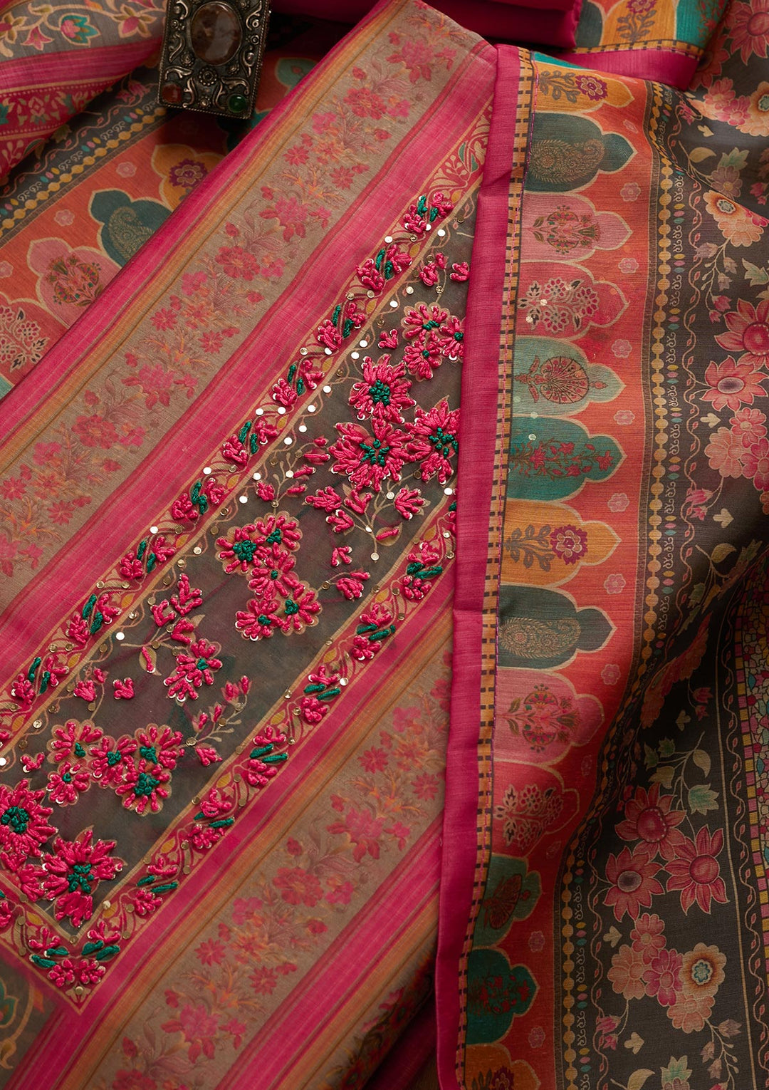 Pink Threadwork Chanderi Unstitched Salwar Suit - Koskii