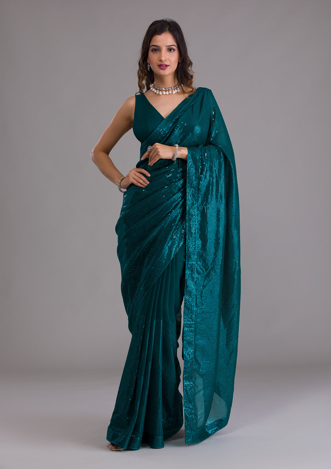 Rama Green Sequins Georgette Saree-Koskii