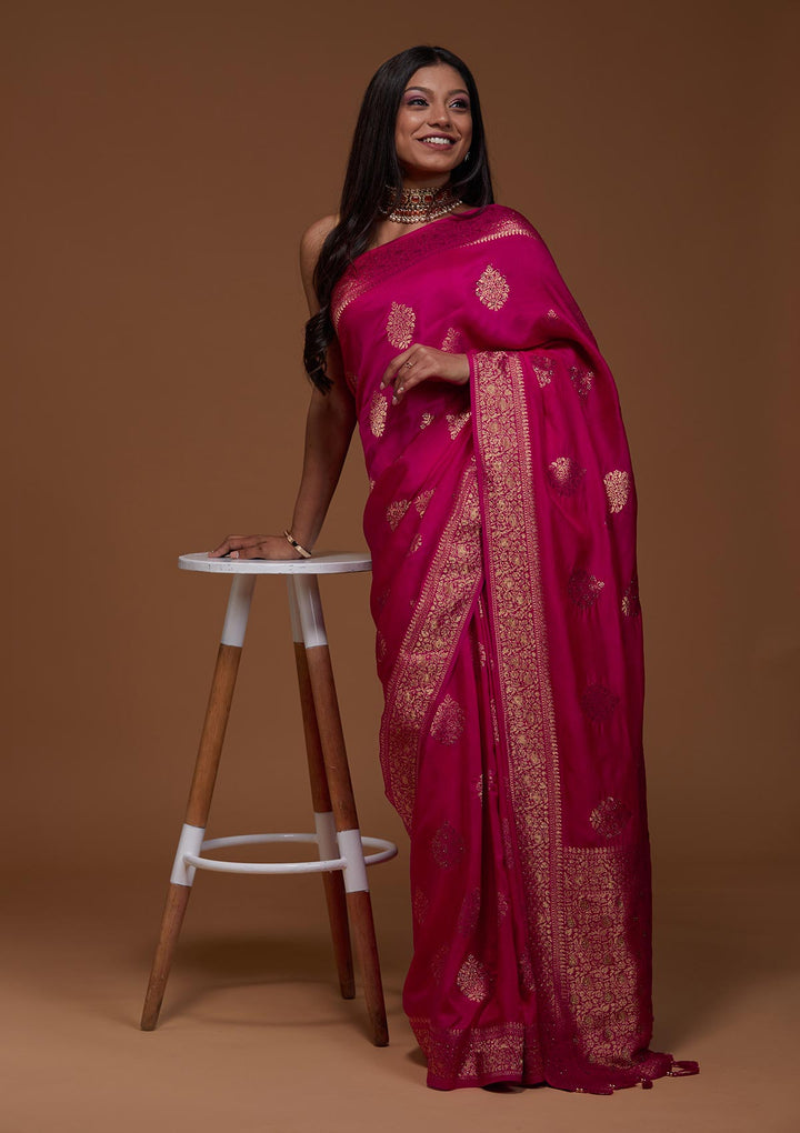 Rani Pink Zariwork Banarasi Saree-Koskii